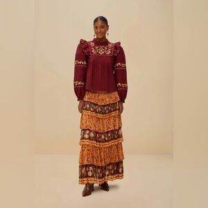 FARM RIO Colorful Birds Camel Ruffles Midi Skirt